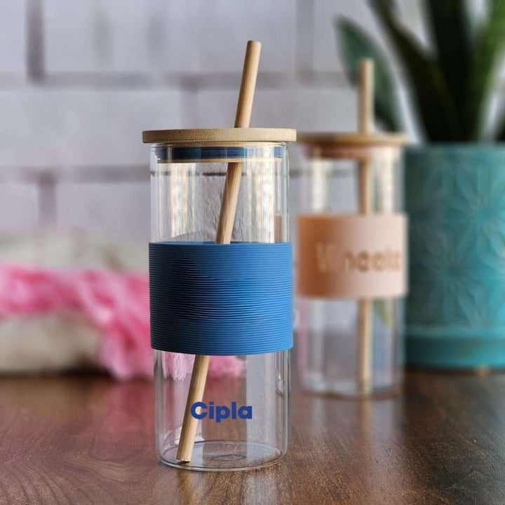 Personalized Silicon Band, Bamboo Lid Glass Tumbler with Straw | 350ml