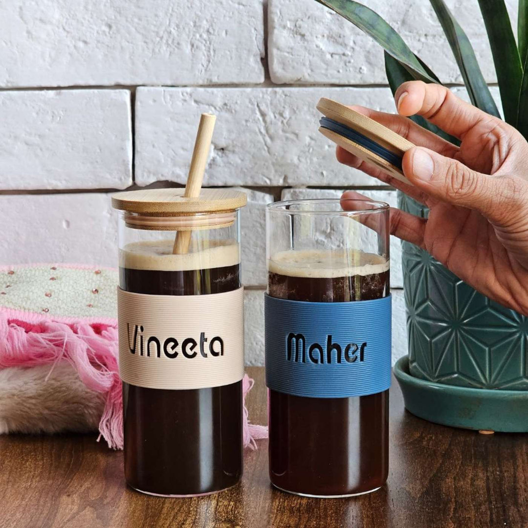 Personalized Silicon Band, Bamboo Lid Glass Tumbler with Straw | 350ml