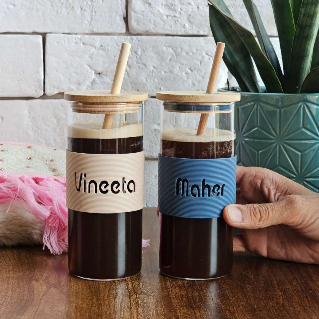 Personalized Silicon Band, Bamboo Lid Glass Tumbler with Straw | 350ml