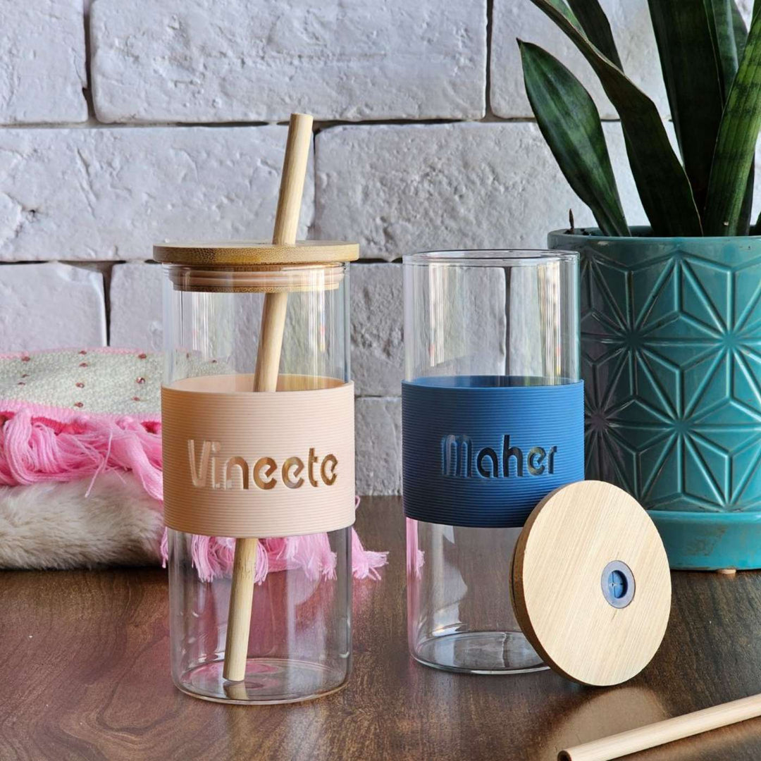 Personalized Silicon Band, Bamboo Lid Glass Tumbler with Straw | 350ml