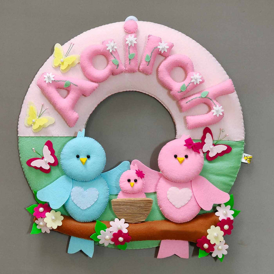 Hand Stitched Cute Bird Family Themed Round Felt Kids Name Plate For Baby Girl - Front View with Name Personalization