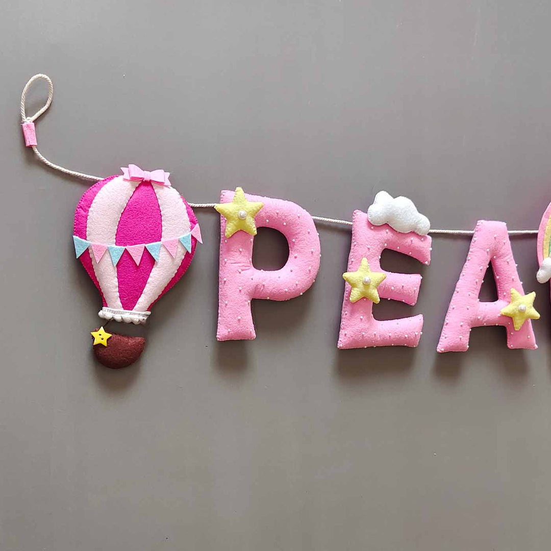 Hand Stitched Cute Hot Air Balloon Themed Felt Garland For Baby Girl - Hanging Display Showing First Letters