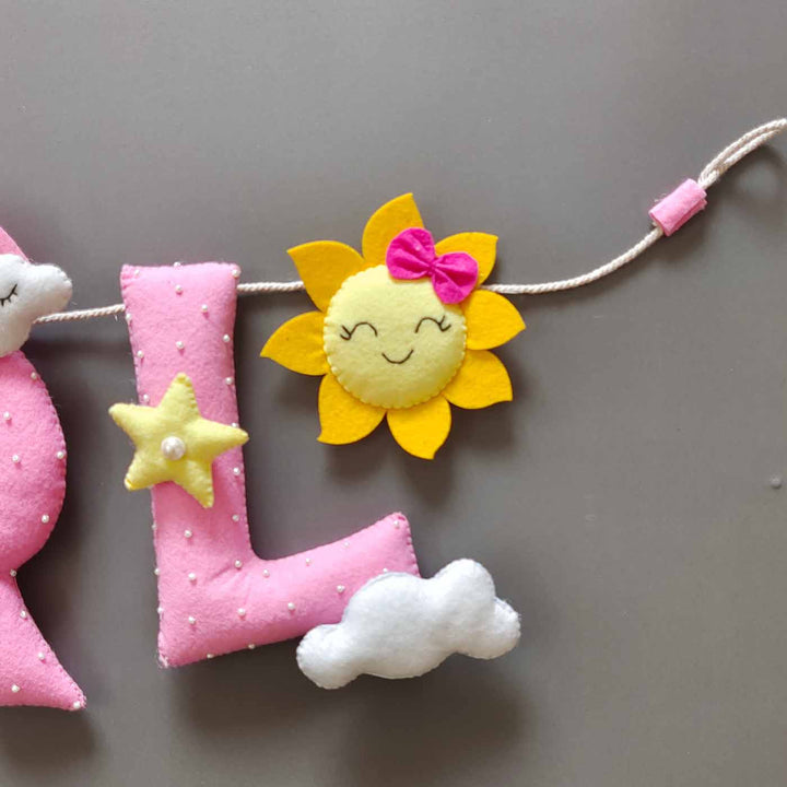 Hand Stitched Cute Hot Air Balloon Themed Felt Garland For Baby Girl - Hanging Decorative Elements Close-up
