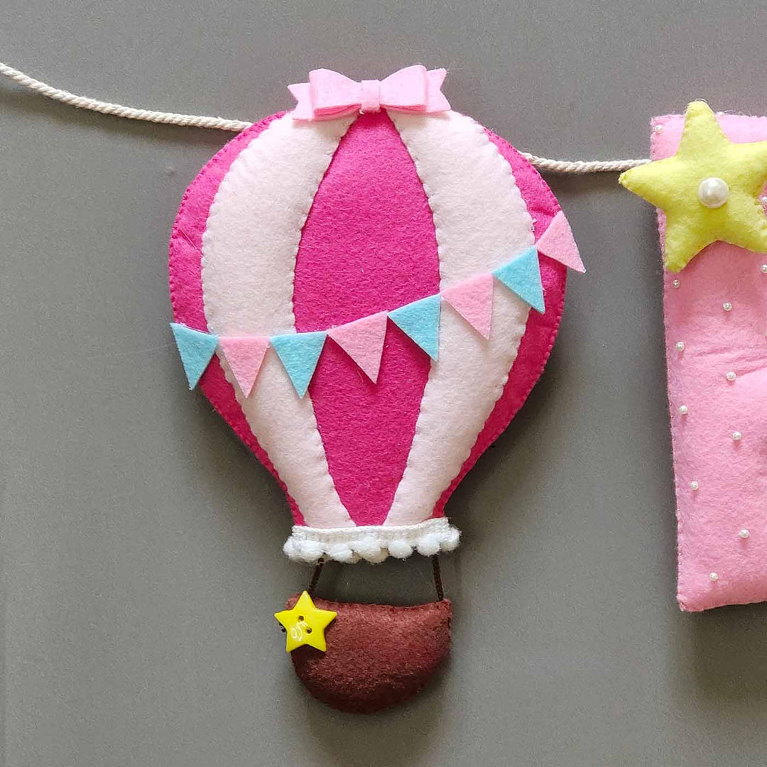 Hand Stitched Cute Hot Air Balloon Themed Felt Garland For Baby Girl - Hanging Front View Close-up