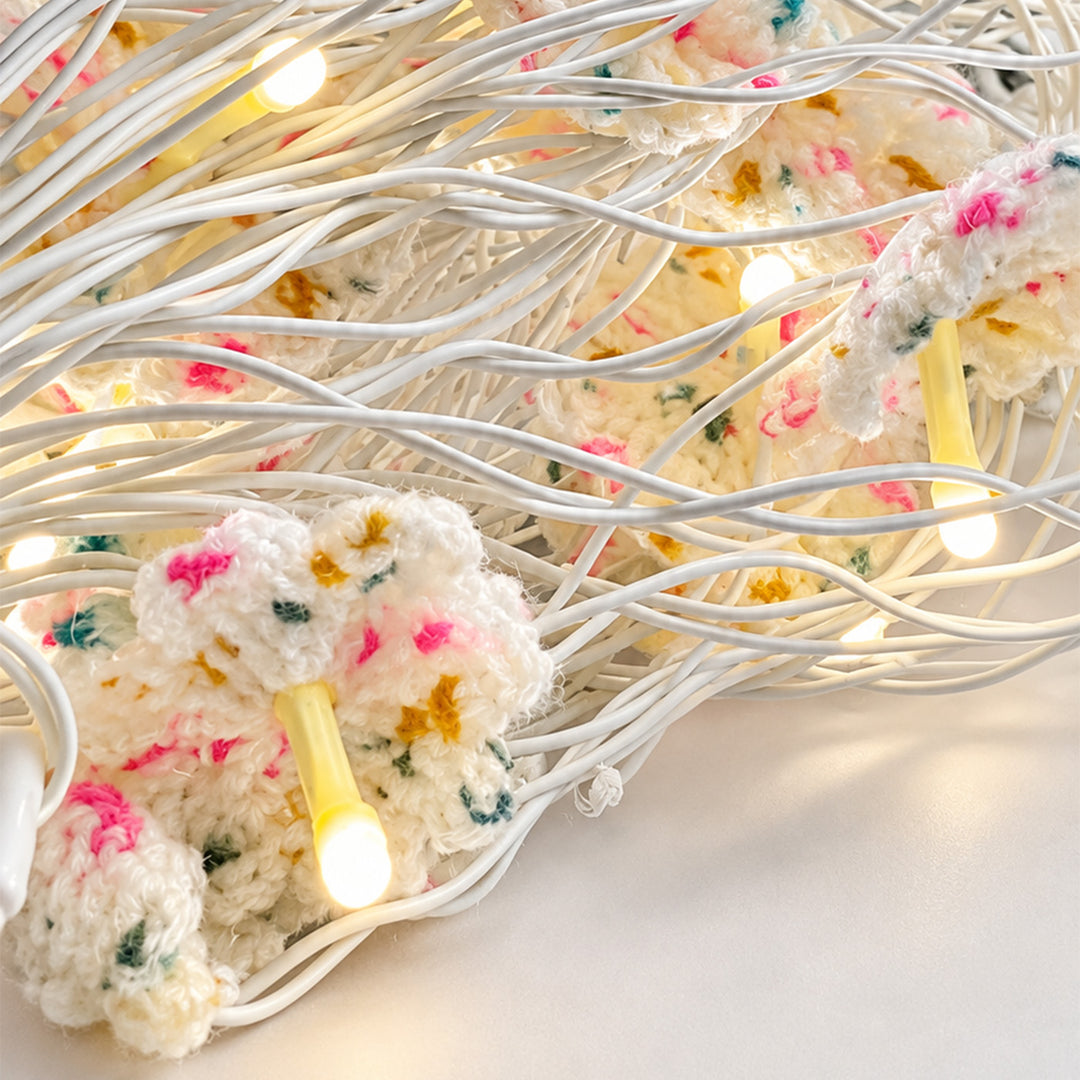 Handmade Crochet Blossom Wool LED Fairy Light For Festive Decor - Off White