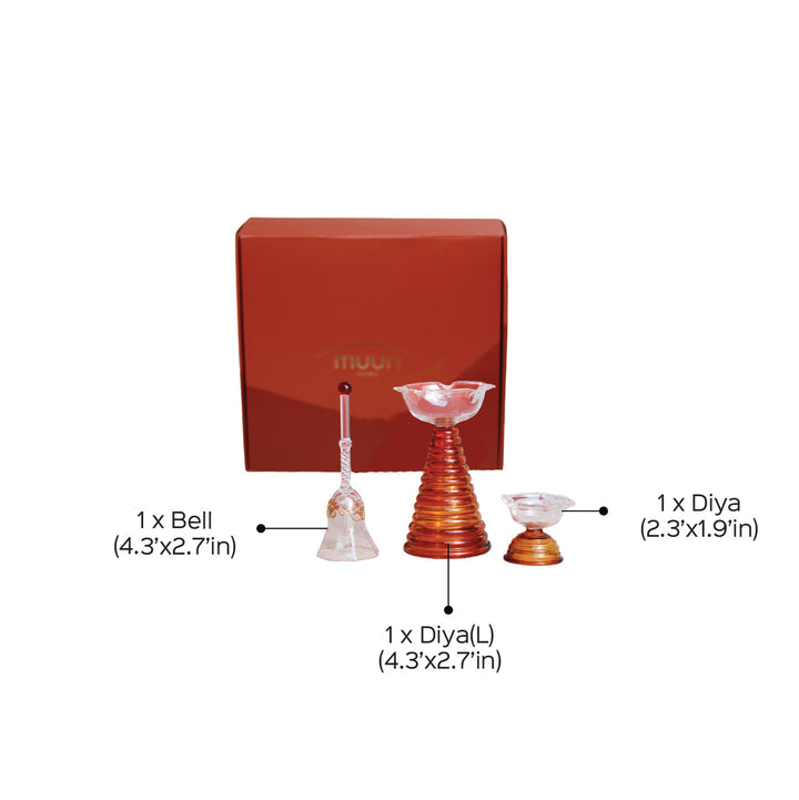 Handmade Festive Borosilicate Glass Diya & Bell Gift Hamper | Set Of 3