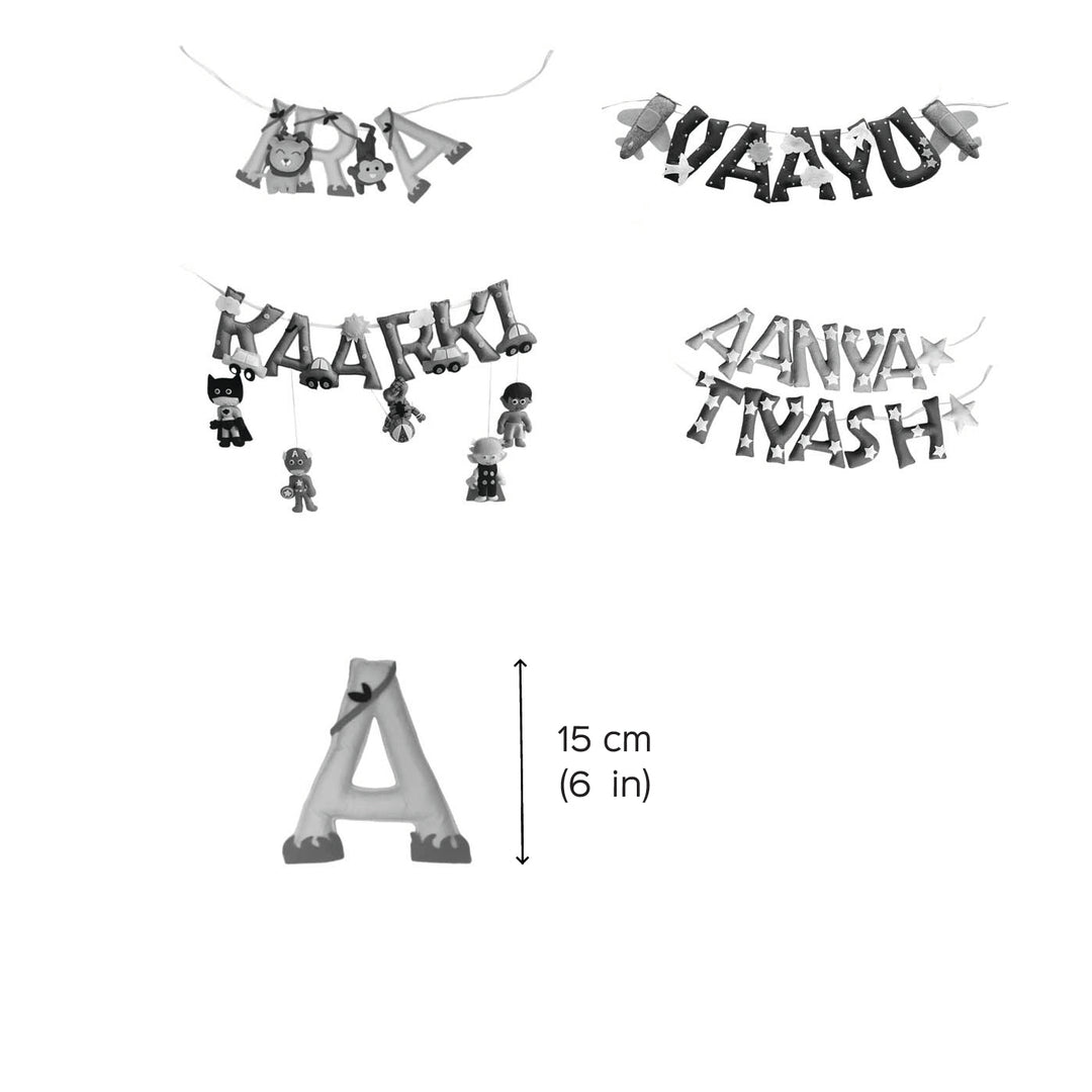 Personalized Handmade Superhero Theme Felt Kids Bunting - Name Personalization Examples with Size Guide