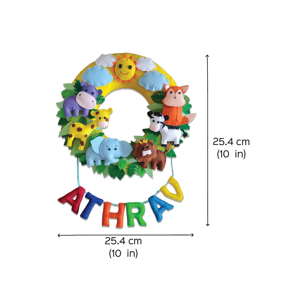 Personalized Handmade Round Jungle Theme Felt Nameplate - Dimension Chart with Name Personalization