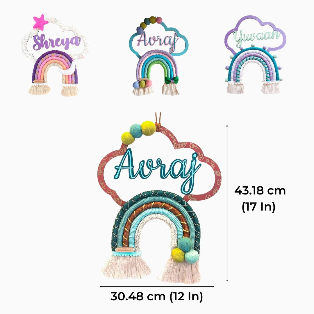 Macrame Cloud Rainbow Personalized Kids Name Plate - Front View with Dimension Chart