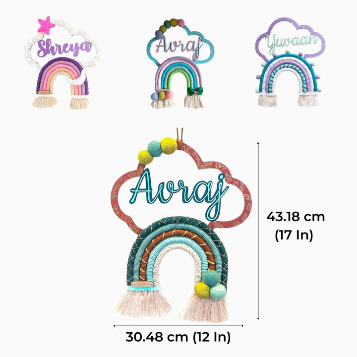 Macrame Cloud Rainbow Personalized Kids Name Plate - Front View with Dimension Chart