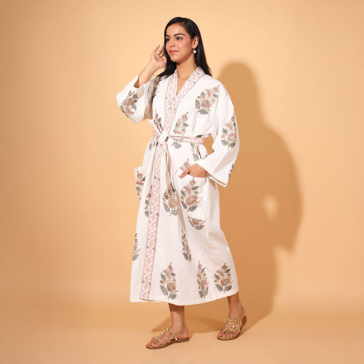 Personalized Handmade Block Printed Rose Gold Floral Cotton Bath Robes