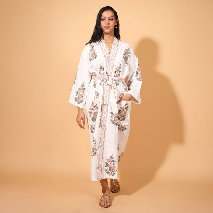 Personalized Handmade Block Printed Rose Gold Floral Cotton Bath Robes