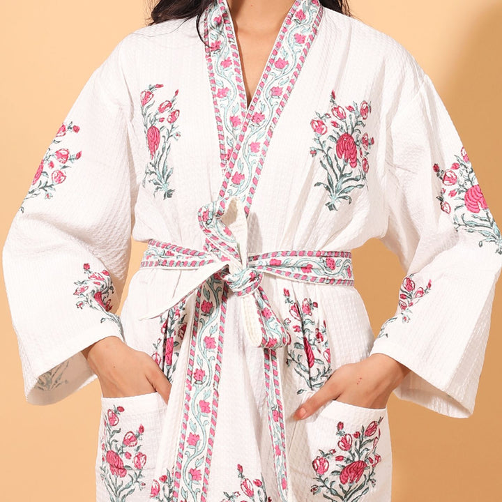 Personalized Handmade Block Printed Pink Floral Cotton Bath Robes