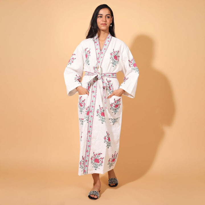 Personalized Handmade Block Printed Pink Floral Cotton Bath Robes