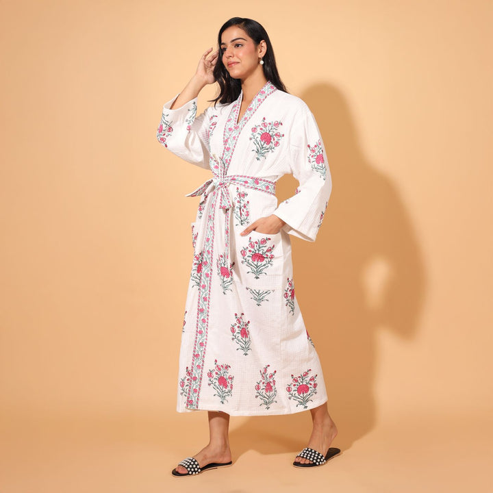 Personalized Handmade Block Printed Pink Floral Cotton Bath Robes