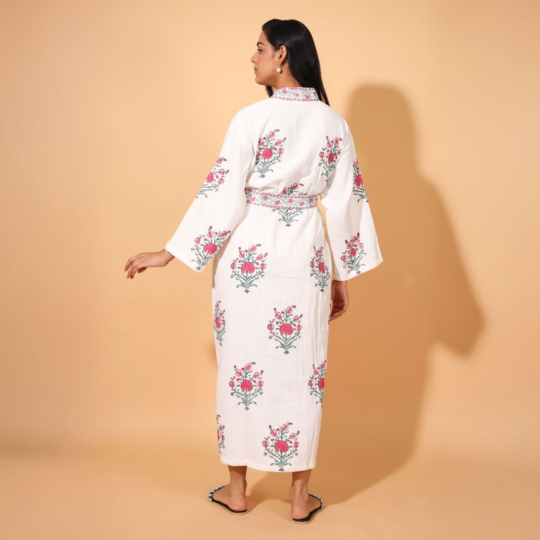 Personalized Handmade Block Printed Pink Floral Cotton Bath Robes