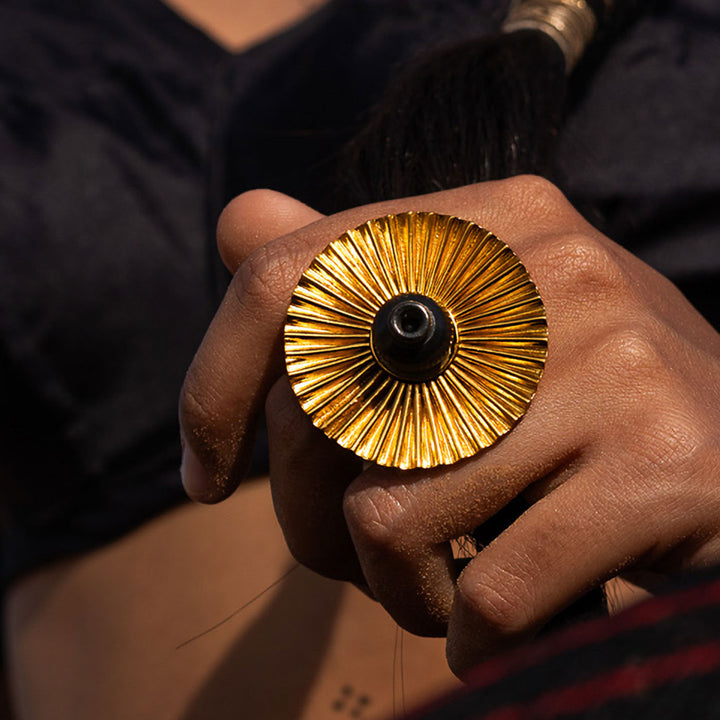 Minimal Handmade Traditional Round Kali Brass Ring | 22K Gold Plated