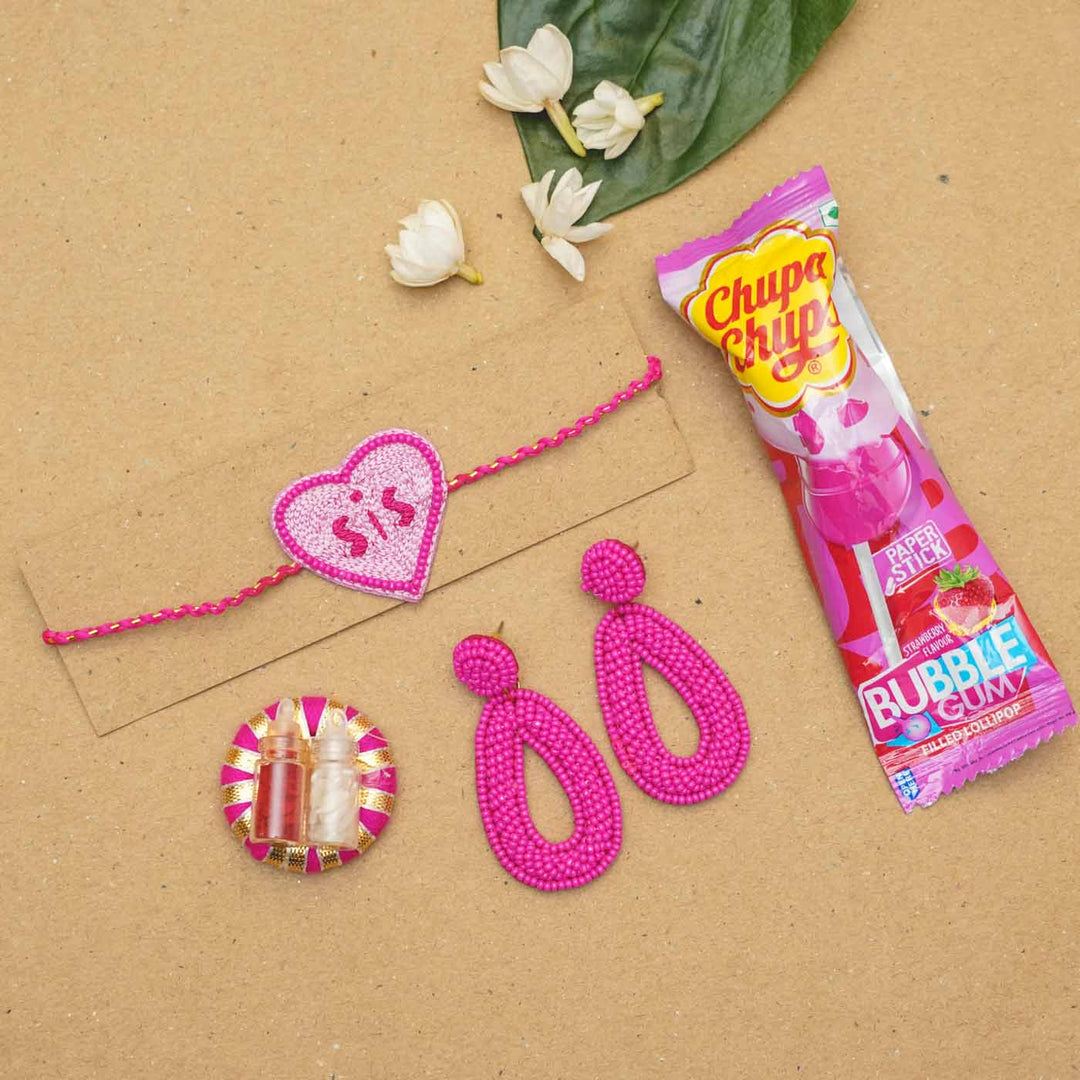 Handmade Beaded Chupa Chups Rakhi Hamper For Sisters Set Of 3 - Flat Lay Display