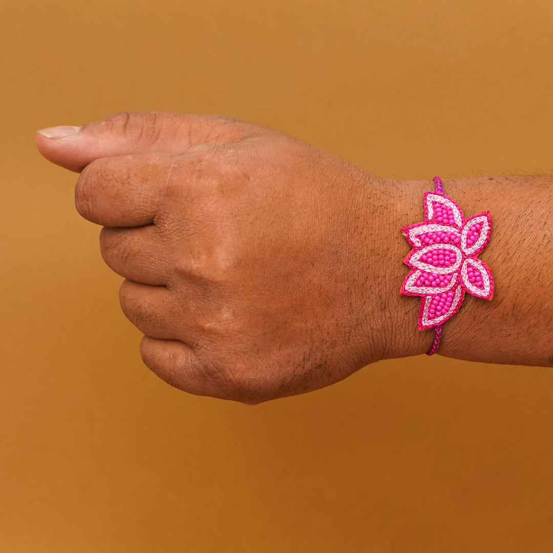 Handmade Beaded Lotus Rakhi With Roli Chawal - Bracelet Worn on Wrist