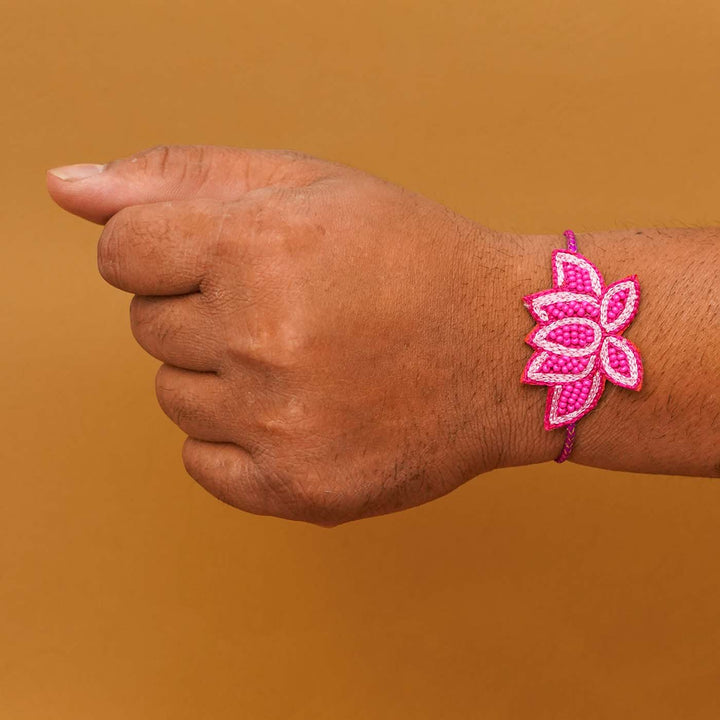Handmade Beaded Lotus Rakhi With Roli Chawal - Bracelet Worn on Wrist