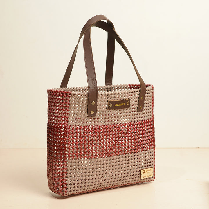 Grey And Brown Horizontal Stripes Handmade Wire Koodai Tote Bag