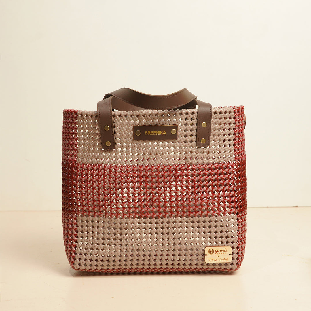 Grey And Brown Horizontal Stripes Handmade Wire Koodai Tote Bag