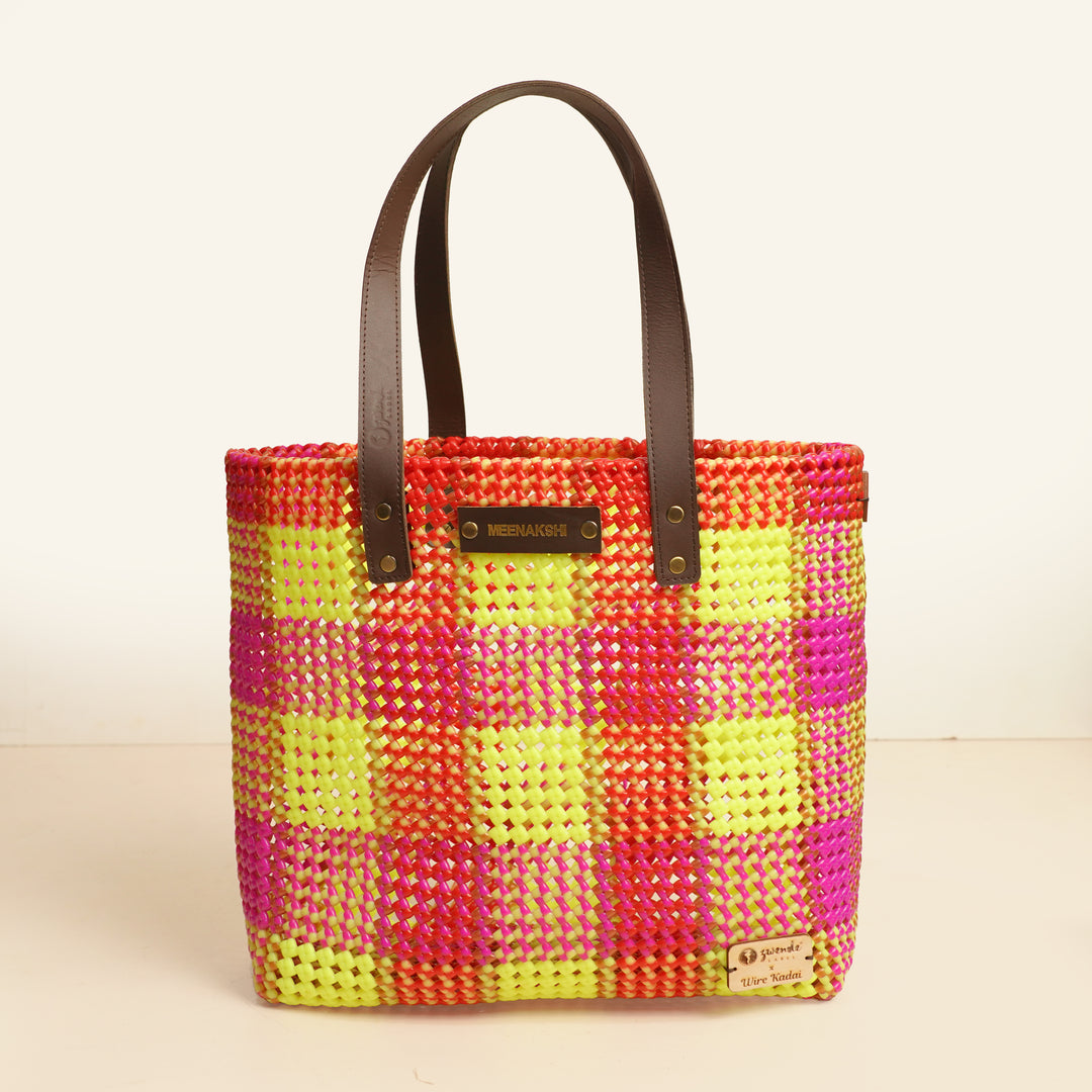 Pink And Florecent Green Checks Handmade Wire Koodai Tote Bag