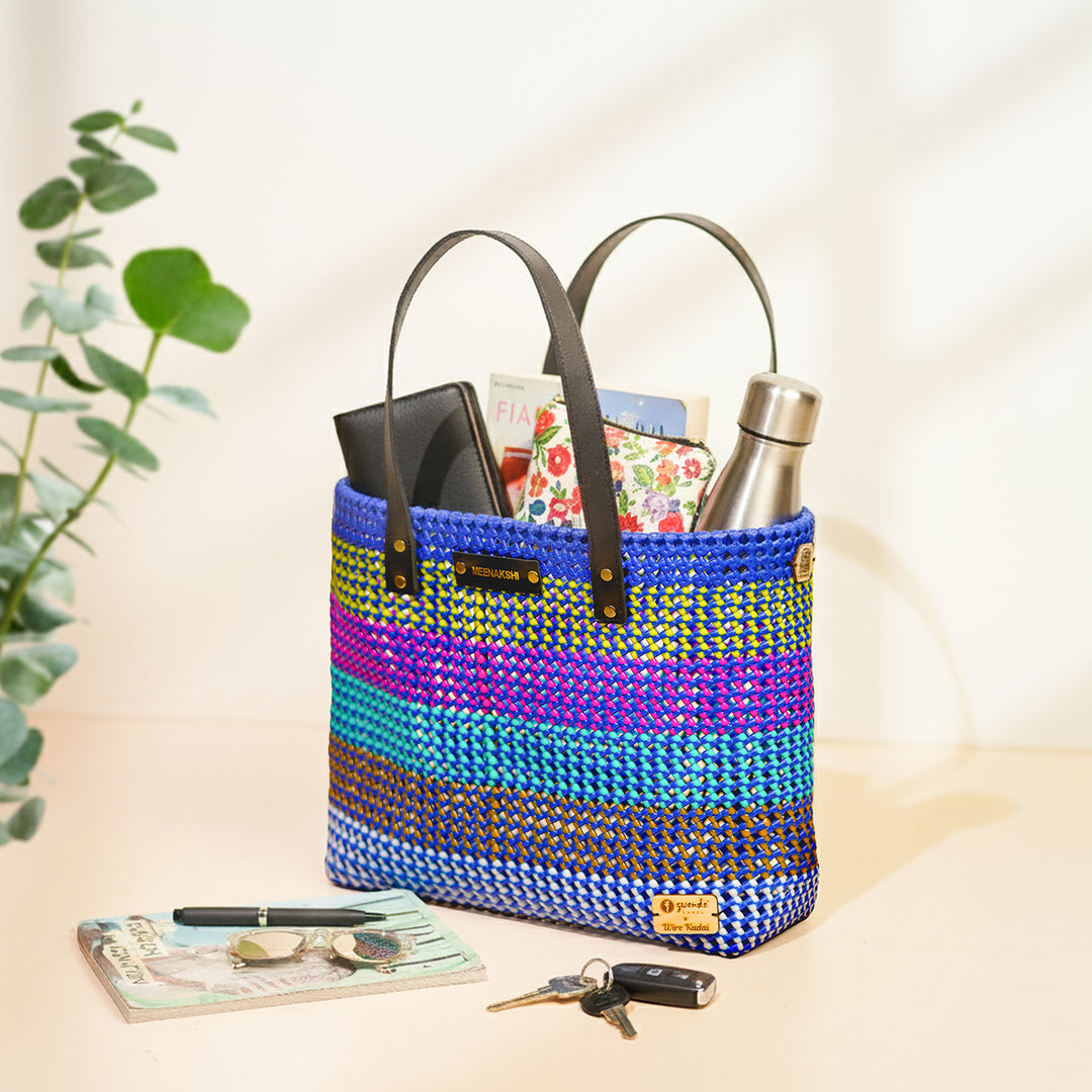 Peacock Blue Horizontal Stripes Handmade Wire Koodai Tote Bag