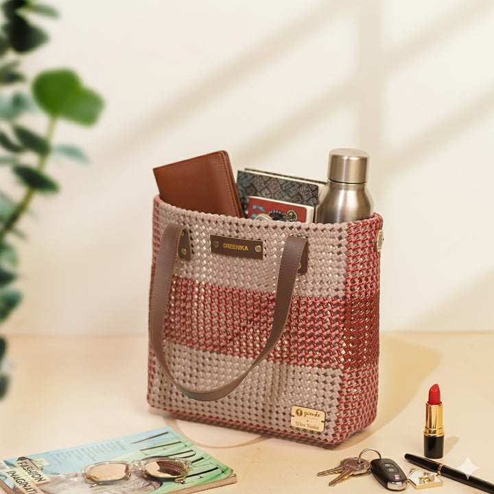 Grey And Brown Horizontal Stripes Handmade Wire Koodai Tote Bag