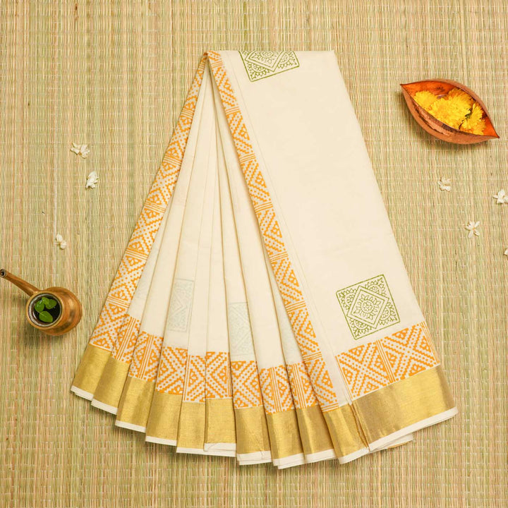 Mandala Motif Saree | Hand Block Printed Pure Cotton Kerala Kasavu Saree | Onam Special | 5.5m + 80cm Blouse Piece