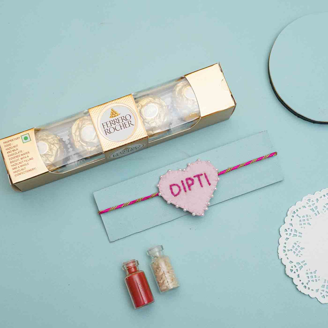 Personalized Handmade Pink Heart Felt Rakhi With Roli Chawal - Rakhi with gift box and powders