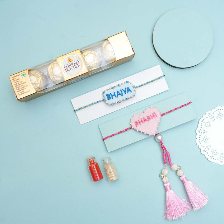 Handmade Felt Bhaiya Bhabhi Rakhi With Roli Chawal Set Of 2 - Rakhis and Chocolates Bundle