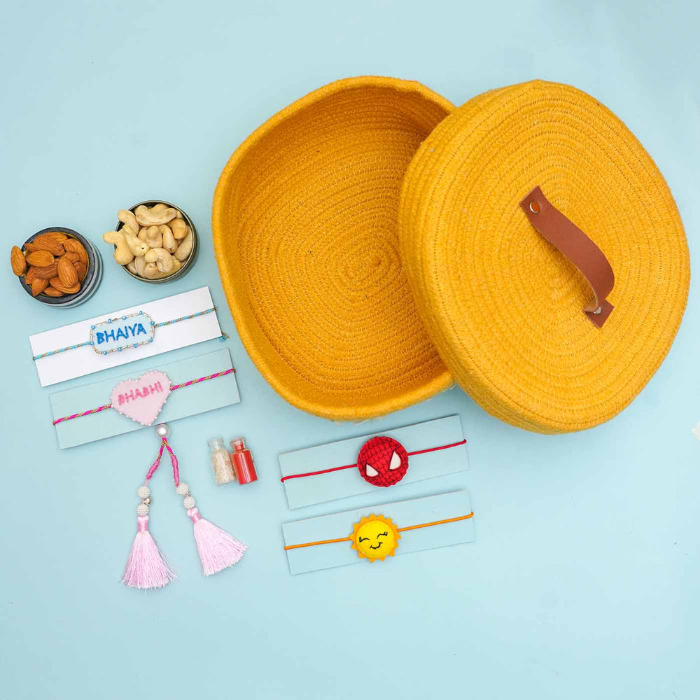 Handmade Felt Rakhi Basket Hamper For Bhaiya Bhabhi And Kids Set Of 6 - Open Basket with Accessories