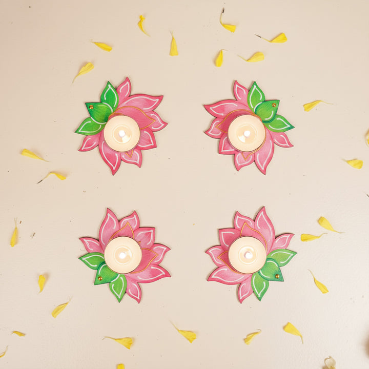 Hand-Painted Lotus MDF Wood Tealight Holder