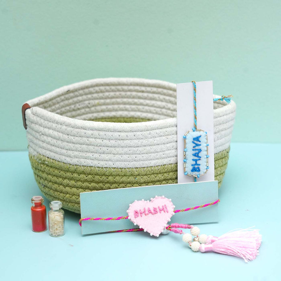 Handmade Felt Rakhi Basket Hamper With Dry Fruits And Roli Chawal For Bhaiya And Bhabhi Set Of 2 - Basket with Rakhi and Colors