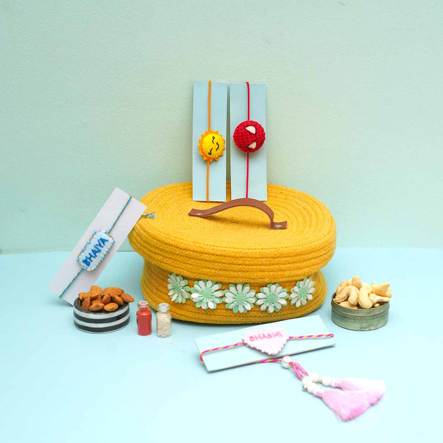 Handmade Felt Rakhi Basket Hamper For Bhaiya Bhabhi And Kids Set Of 6 - Styled Product Arrangement