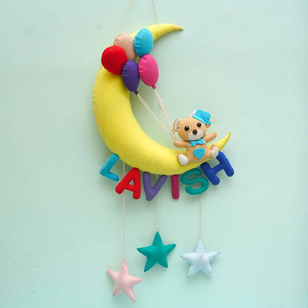Handmade Felt Rakhi Bundle For Kids With Name Plate And Toy Basket Set Of 4 - Close-up Hanging on Wall