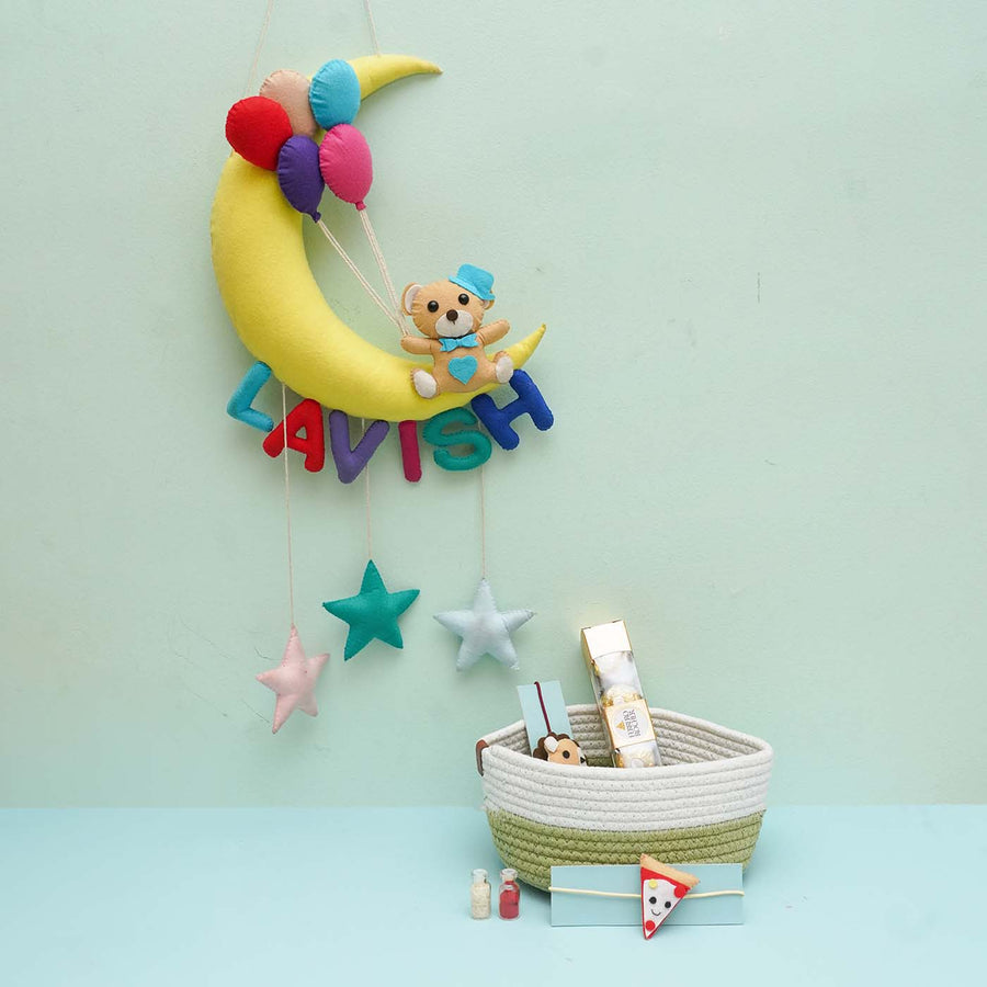 Handmade Felt Rakhi Bundle For Kids With Name Plate And Toy Basket Set Of 4 - Mounted on Wall with Basket