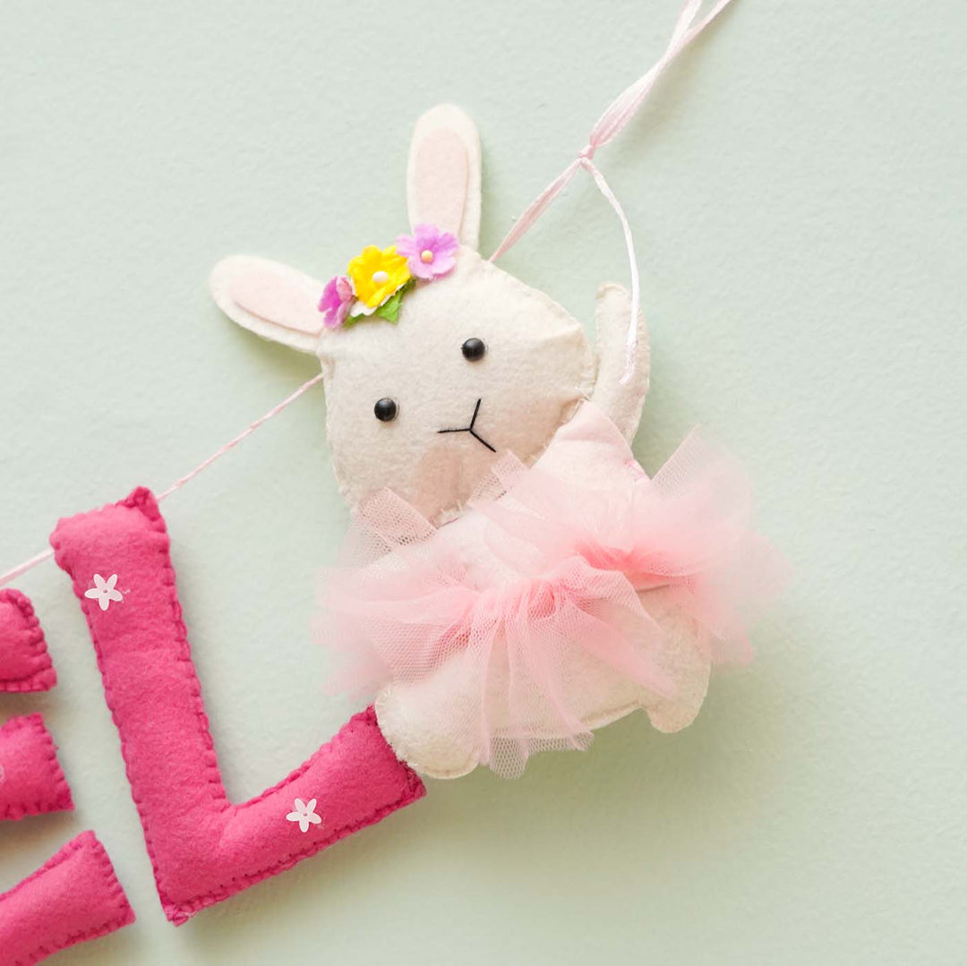 Personalized Handmade Bunny Theme Felt Bunting - Hanging Close-up Showing Detail