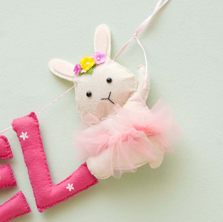 Personalized Handmade Bunny Theme Felt Bunting - Hanging Close-up Showing Detail