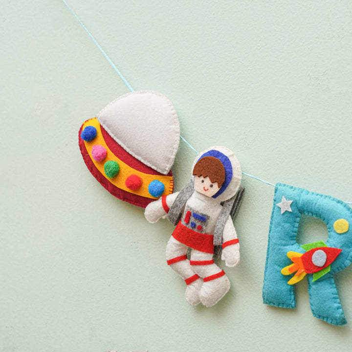 Personalized Handmade Space Theme Felt Bunting - Close-up Hanging Decoration Detail