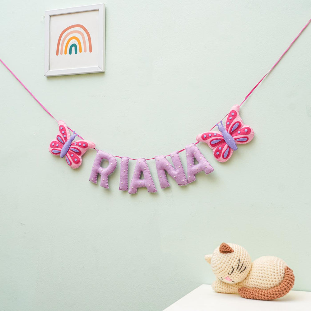Personalized Handmade Butterfly And Pearl Emblished Felt Bunting - Hanging Name Banner Display