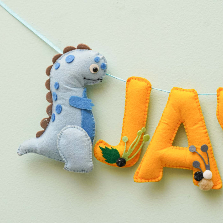 Personalized Handmade Dinosaurs Theme Felt Bunting - Close-up of Hanging Felt Decoration