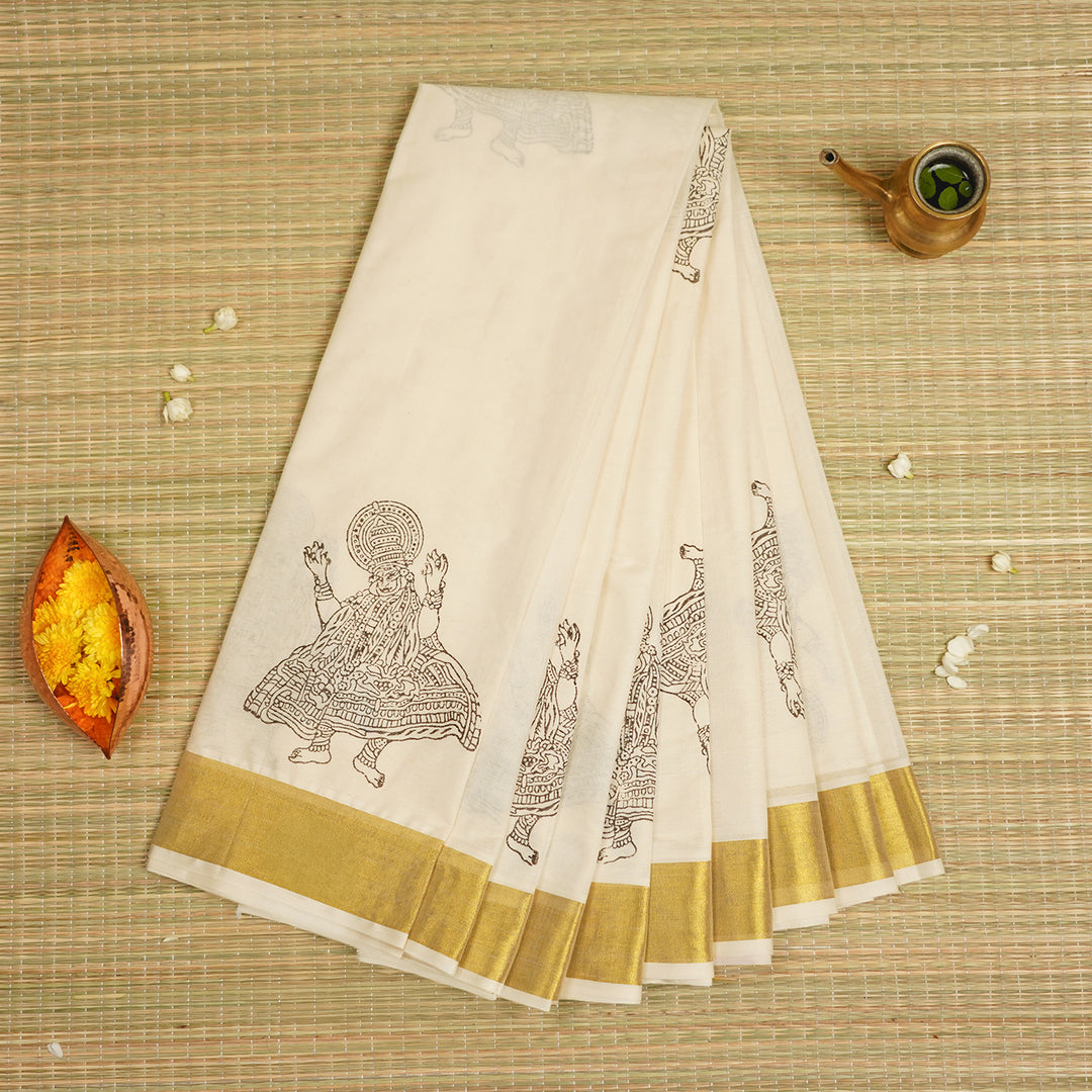 Kathakali Motif Saree | Hand Block Printed Pure Cotton Kerala Kasavu Saree | Onam Special | 5.5m + 80cm Blouse Piece