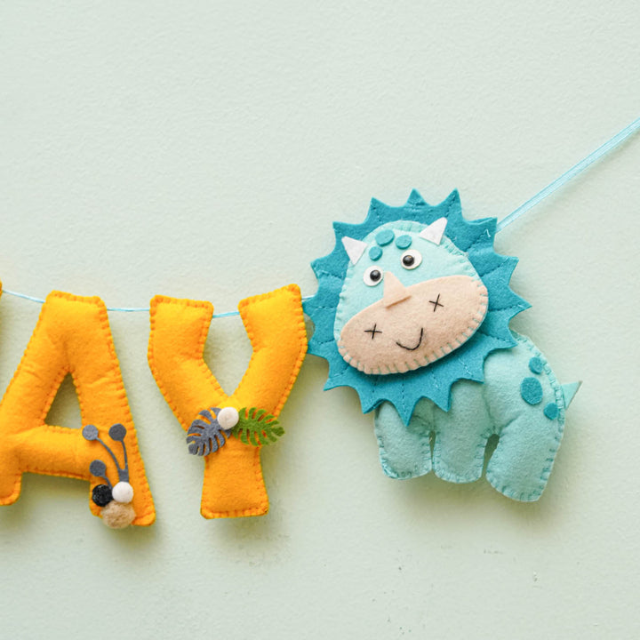 Personalized Handmade Dinosaurs Theme Felt Bunting - Side View Hanging on String