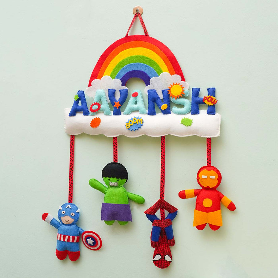 Personalized Handmade Avenger Rainbow Cloud Felt Name Plate - Front View Hanging on Wall