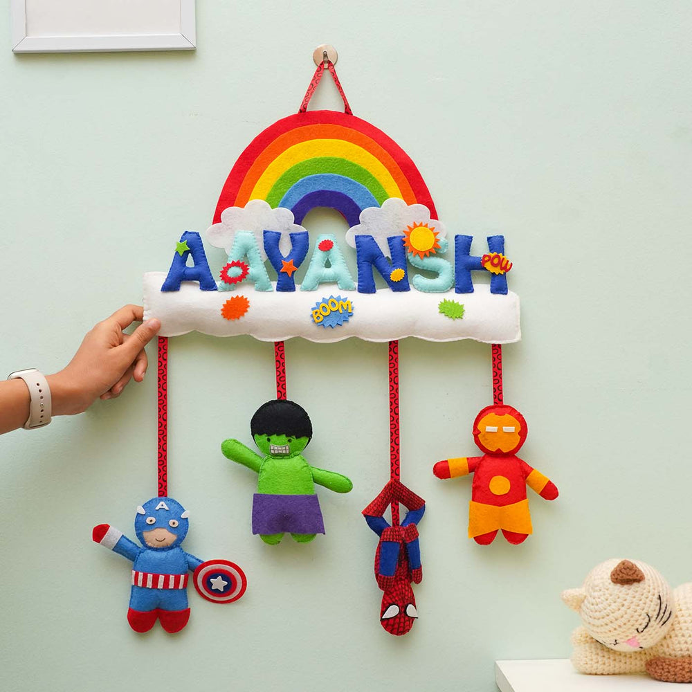 Personalized Handmade Avenger Rainbow Cloud Felt Name Plate - Hanging Wall Decoration Front View