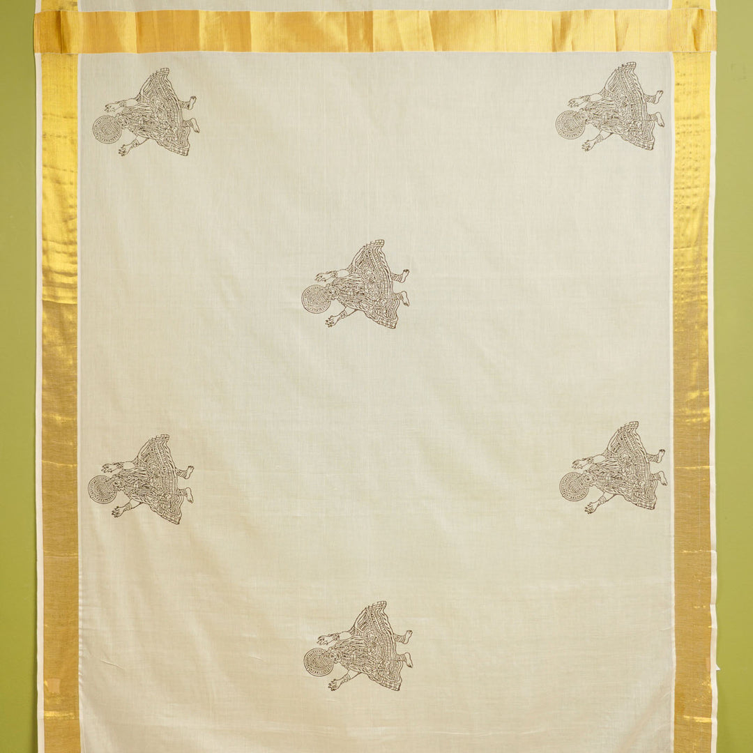 Kathakali Motif Saree | Hand Block Printed Pure Cotton Kerala Kasavu Saree | Onam Special | 5.5m + 80cm Blouse Piece