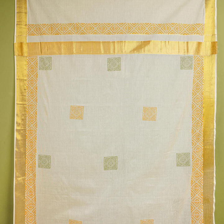 Mandala Motif Saree | Hand Block Printed Pure Cotton Kerala Kasavu Saree | Onam Special | 5.5m + 80cm Blouse Piece