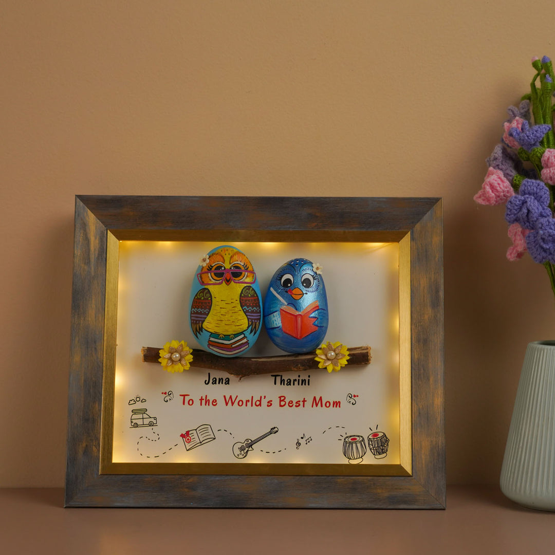 Personalized Hand-Painted Pebble Art Best Mom Owl Theme Wooden Decorative Plaque